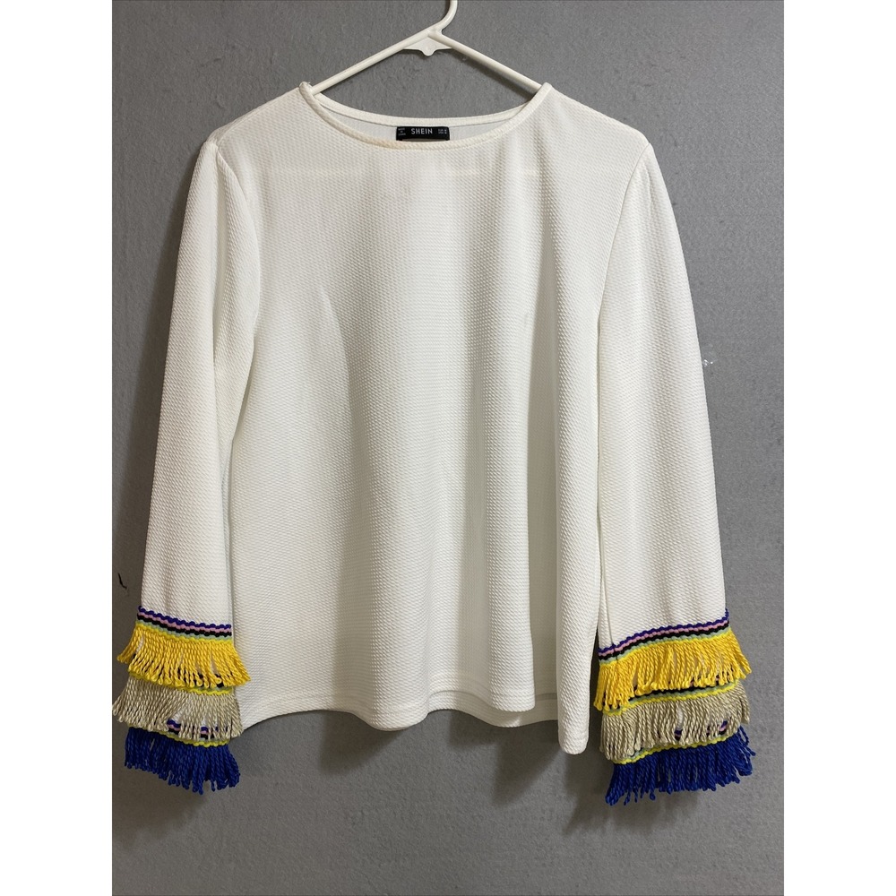 SHEIN Long Sleeve Fringe Top Blouse Women's Ivory‎ White Bell, Size M